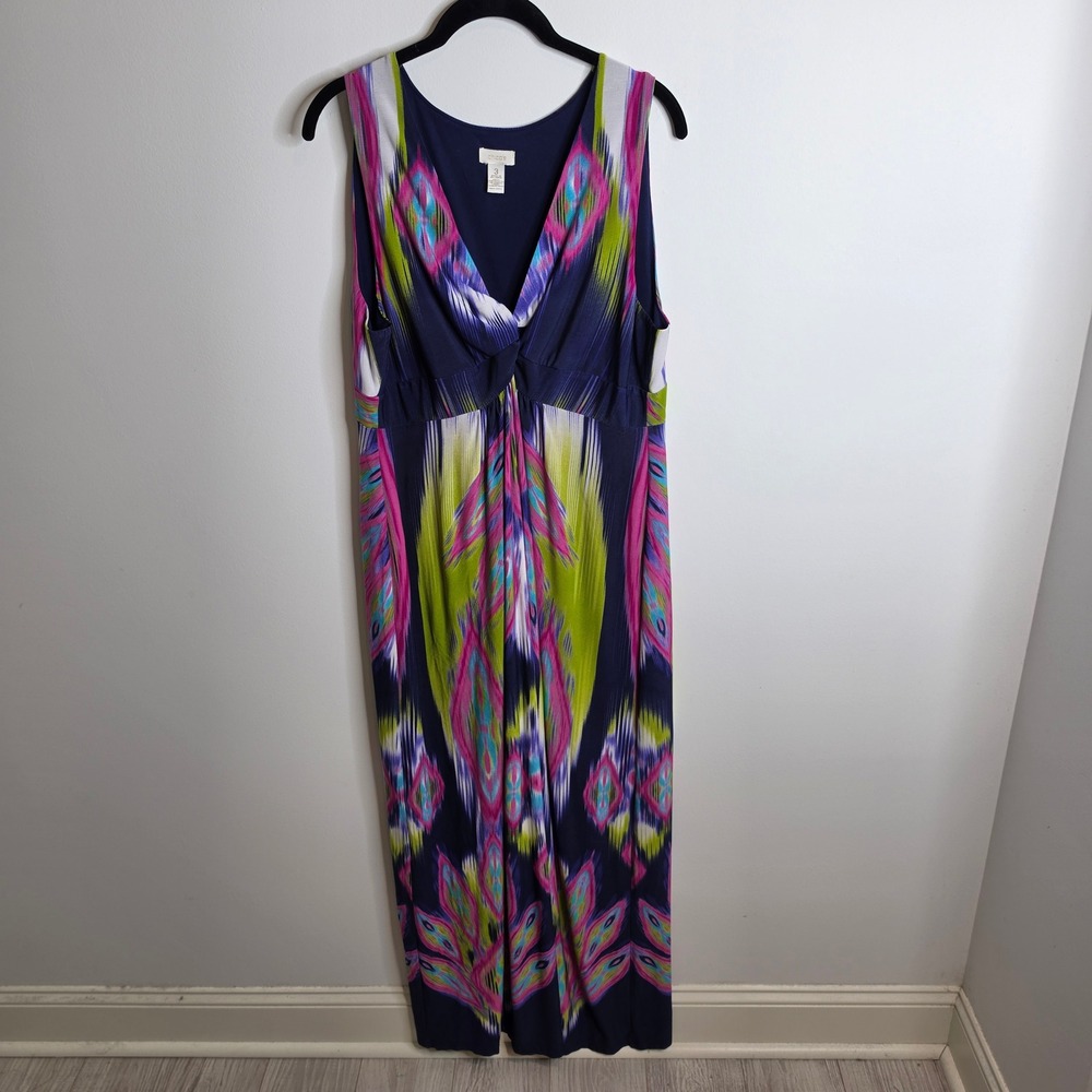 Chico's Maxi Dress Womens 3 (XL) Blue Ikat Abstract Sleeveless V-Neck